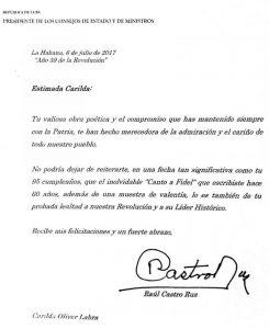 Raúl Castro dedicó a Carilda Oliver