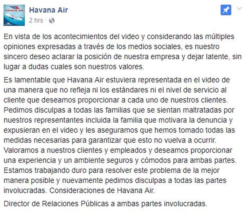Havana Air ofrece disculpas