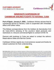 Caribbean Airlines suspende vuelos