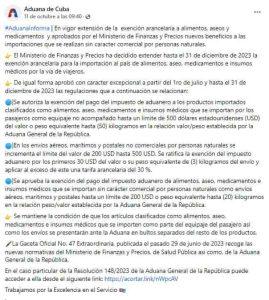 Nota de la Aduana de Cuba