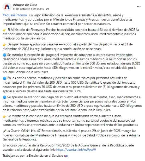 Nota de la Aduana de Cuba